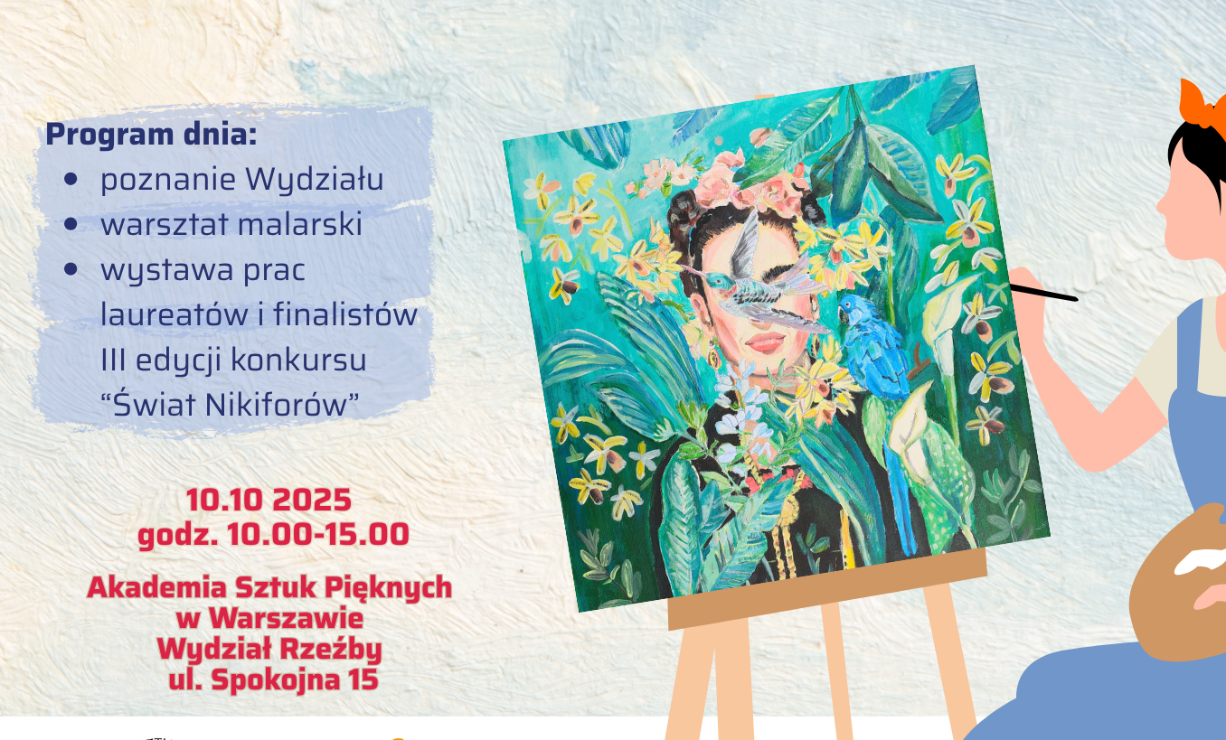 Ilustracja promocyjna wydarzenia ASP. Kobieta w fartuchu maluje portret w stylu Fridy Kahlo. Tło akwarelowe