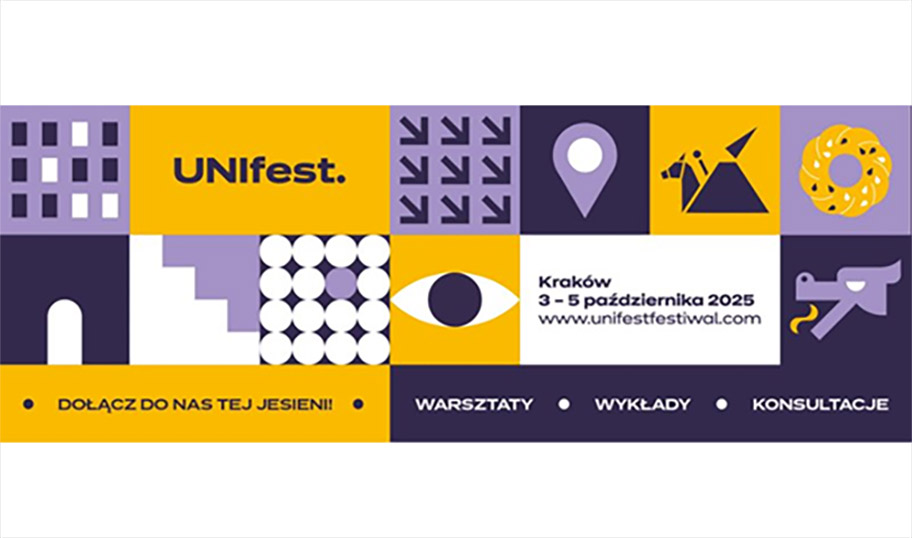 Duże, geometryczne bloki w kolorach fioletowym, żółtym i granatowym. Tekst „UNIfest.” oraz „Kraków 3-5 października 2025”.