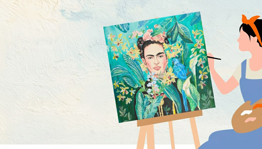 Ilustracja promocyjna wydarzenia ASP. Kobieta w fartuchu maluje portret w stylu Fridy Kahlo. Tło akwarelowe